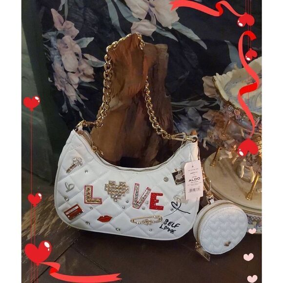 NWT~ALDO Amberly Love Embellished Whiite Crossbody Bag Purse - Picture 1 of 8